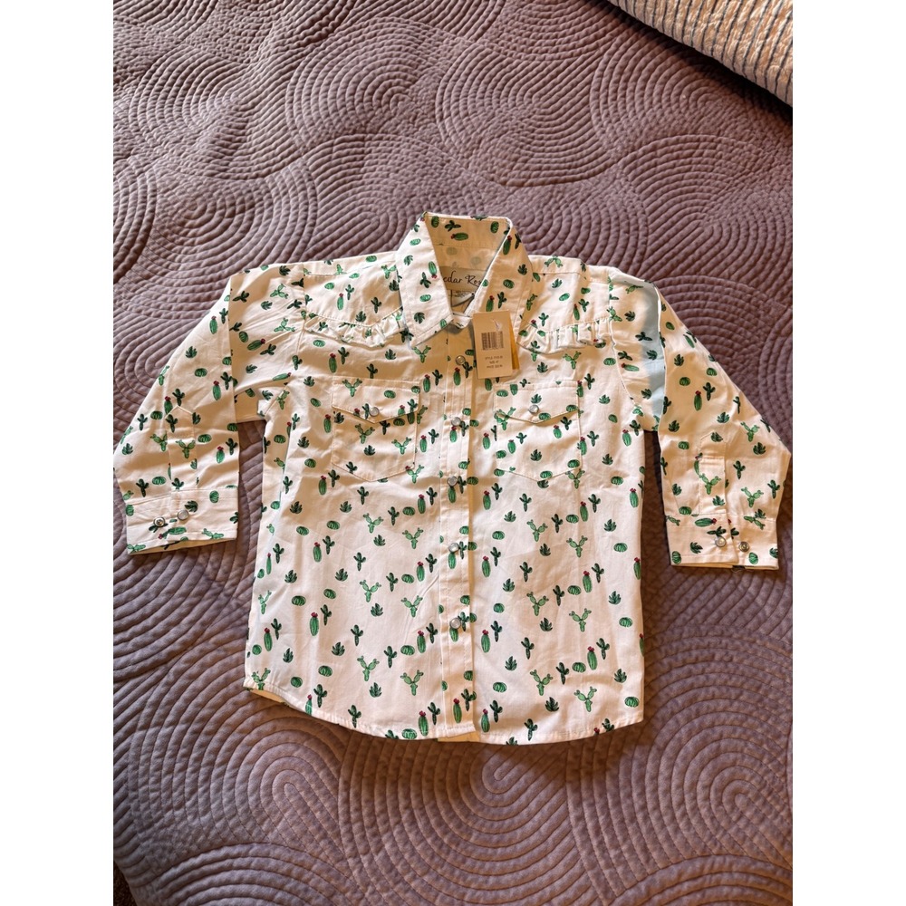 Cedar Rose‎ Girls White Cactus Print Western Snap Shirt Ruffle Yoke 4T IT-03-20